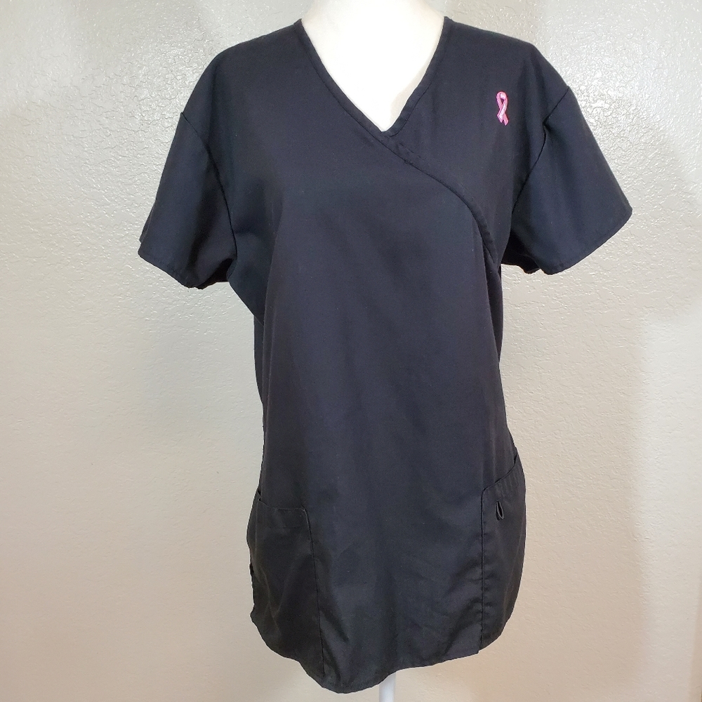 Green Town Black Mock Wrap Breast Cancer Scrub Top